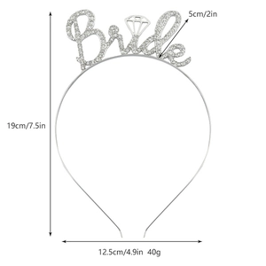 Detail of silver Bride headband showing 19cm height and 40g weight dimensions