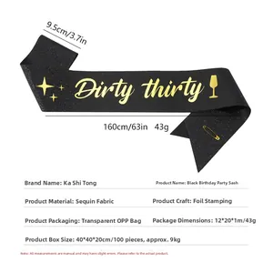 Detailed view of black glitter birthday sash with gold lettering and 160cm size info