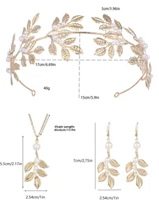 Dettagli set gioielli sposa con tiara a foglie dorate collana e orecchini a pendente
