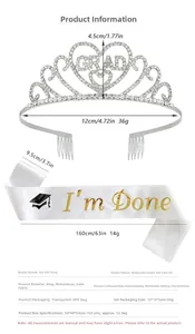 Close-up of silver rhinestone crown and white satin sash with gold I’m Done text