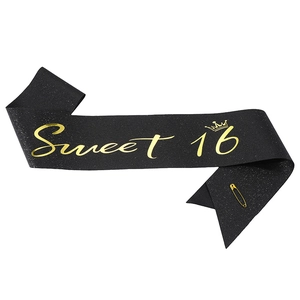 Glittering black and gold Sweet 16 birthday sash with crown and safety pin accessory