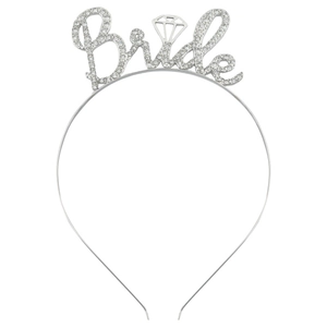Detailed view of silver bridal headband with crystal-encrusted Bride lettering