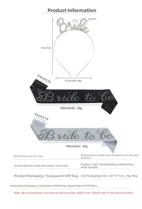 Detail showing dimensions of rhinestone Bride headband and sash set for bachelorette parties