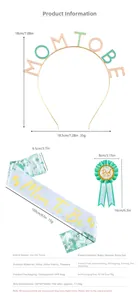 Detailed view of Mom To Be headband, satin sash, and Dad To Be badge for baby shower events