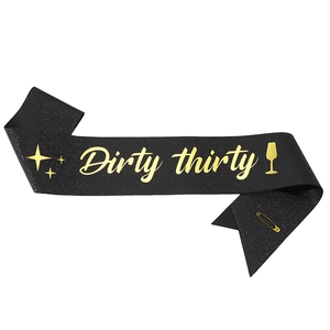 Glittery black Dirty Thirty birthday sash with gold lettering and safety pin set