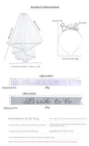 Size chart showing bridal veil, rhinestone headband, and sash for bachelorette party set