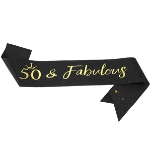 Detail of black glitter 50 & Fabulous sash with gold lettering and safety pin