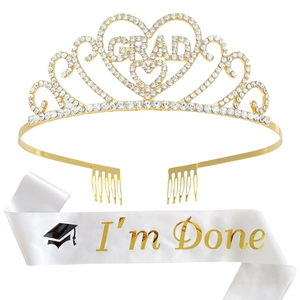 Gold GRAD rhinestone crown and white I'm Done sash set for graduation celebrations