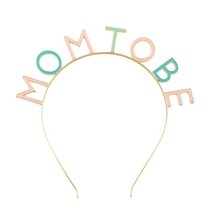 Golden Mom To Be headband with pink and cyan enamel letters for baby shower party