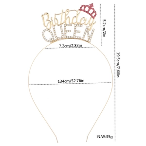 Detailed dimensions of gold Birthday Queen headband with rhinestones and pink crown accent