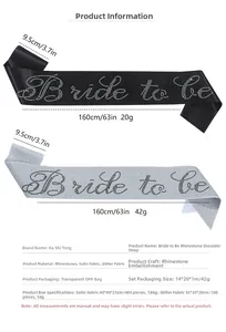 Detailed view of Bride to be rhinestone sash in black satin and silver glitter fabric