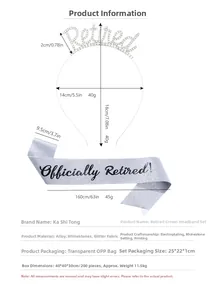 Detailed view of rhinestone retired crown and silver sash with product size specifications