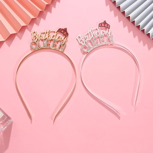 Golden and silver metal Birthday Queen rhinestone headbands with red crown detail