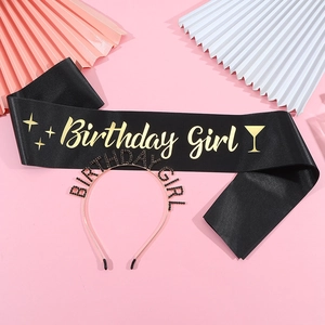 Birthday Girl party set with rose gold rhinestone crown headband and black satin sash