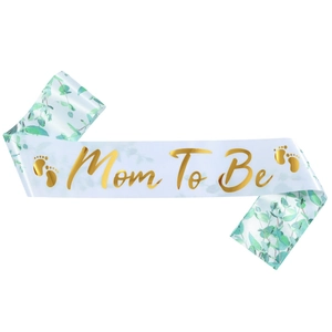 Fascia Mom To Be in raso bianco con scritte dorate, impronte di bimbo ed eucalipto