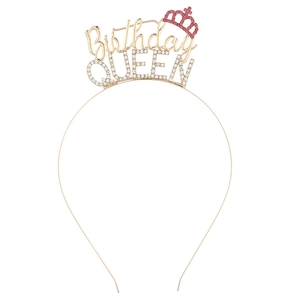 Détail du diadème doré Birthday Queen avec couronne rose et strass scintillants