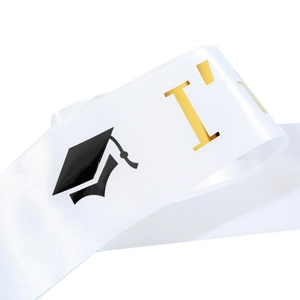White satin graduation sash with gold foil I'm Done text and mortarboard icon