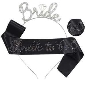 Silver Bride rhinestone tiara and black Bride To Be satin sash set for bachelorette parties