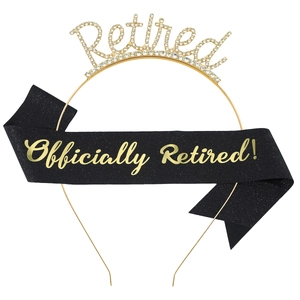 Retired celebration set with gold rhinestone headband and black glitter shoulder sash