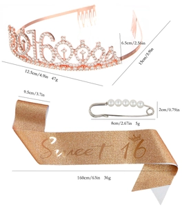 Spécifications de taille pour l'ensemble tiare Sweet 16 et écharpe rose pailletée