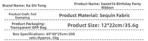 Detailed specifications of Sweet16 birthday party sash with bronzing and glitter fabric