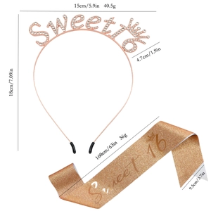 Dimensions détaillées pour le serre-tête Sweet 16 en strass et l'écharpe pailletée rose