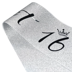 Silver glitter Sweet 16 birthday sash with black crown printing for party celebration