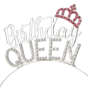 Detail of silver Birthday Queen headband with rhinestones and pink crown accent