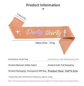 Rose gold 30th birthday sash showing 160x9.5cm size and rainbow glitter dirty thirty text
