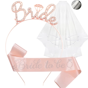 3-teiliges Bride to Be Set mit roségoldener Tiara, Schärpe und weißem Hochzeitsschleier