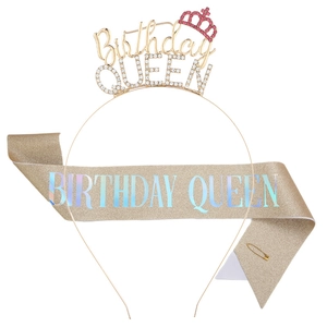 Birthday Queen Rhinestone Tiara Crown And Glitter Sash Party Decorations For Women Girls Birthday Celebration Anniversary Accessories