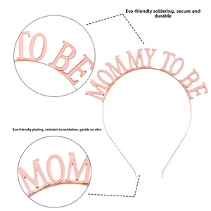 Detail of Mommy To Be rose gold headband showing eco-friendly plating and secure welding