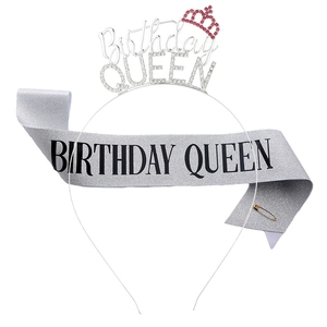 Silver Birthday Queen tiara and sash set with rhinestones for celebration parties
