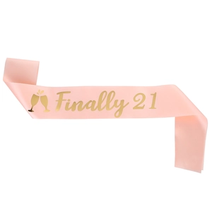 Pink satin birthday sash with gold foil 'Finally 21' text and wine glass icons