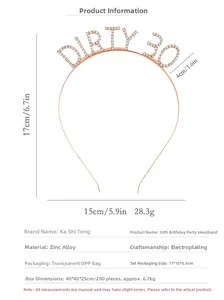 Detail view of rose gold Dirty 30 headband with dimensions 15cm width and 17cm height