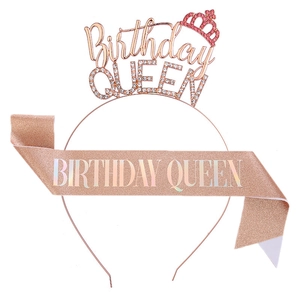 Rose gold Birthday Queen crown headband and glitter sash set for party decoration