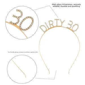 Detail view of gold Dirty 30 rhinestone tiara featuring eco-friendly plating and crystals