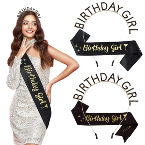 Birthday Girl Sash And Rhinestone Headband Set Glitter Satin Sash Tiara Crown Party Decoration Set For Women Girls Jewelry