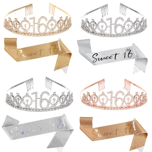 Kit 16e anniversaire avec couronne en strass et écharpe scintillante avec perle décor