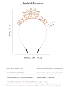 Rose gold birthday headband with rhinestones showing detailed dimensions and zinc alloy material