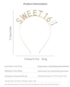 Detailed size chart of golden rhinestone Sweet 16 birthday headband with dimensions