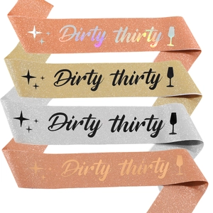 Rose gold glitter 30th birthday sash set featuring Dirty Thirty text and party icons