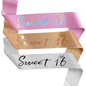 Three-piece Sweet 16 glitter sashes in pink, gold, and silver with crown accent