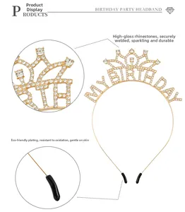 Detailed macro view of the gold birthday crown headband with sparkling rhinestones