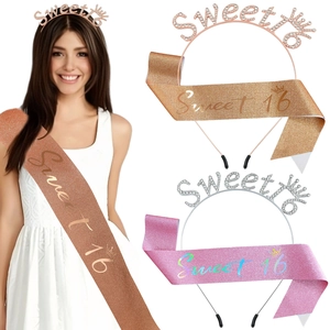 Diadème et Écharpe pour 16e Anniversaire Sweet Tissu Pailleté Couronne en Strass Décorations de Fête d'Anniversaire Filles