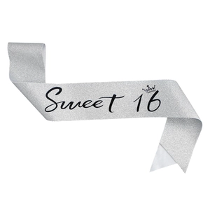 Silver glitter Sweet 16 birthday sash with black crown and elegant typography