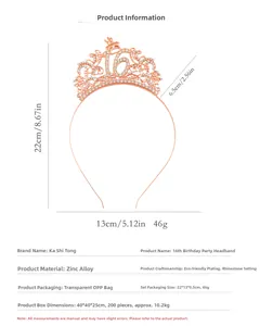 Détails du serre-tête cristal 16ème anniversaire en alliage de zinc rose gold avec mesures