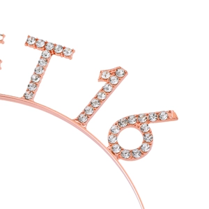 Rose gold Sweet 16 birthday tiara crown with rhinestones and number 16 design
