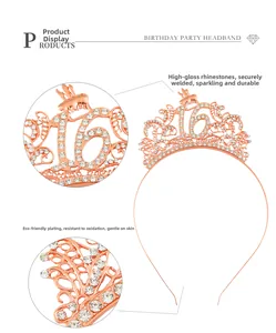 Detail of rose gold 16th birthday crown with high-shine rhinestones and secure welding