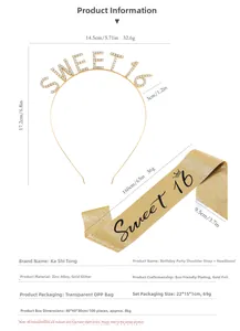 Dettaglio set compleanno Sweet 16 con tiara di strass e fascia dorata glitterata